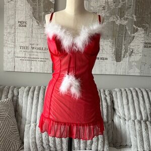 Inner Secrets Red Lingerie Babydoll Chemise Teddy Feathers XL
